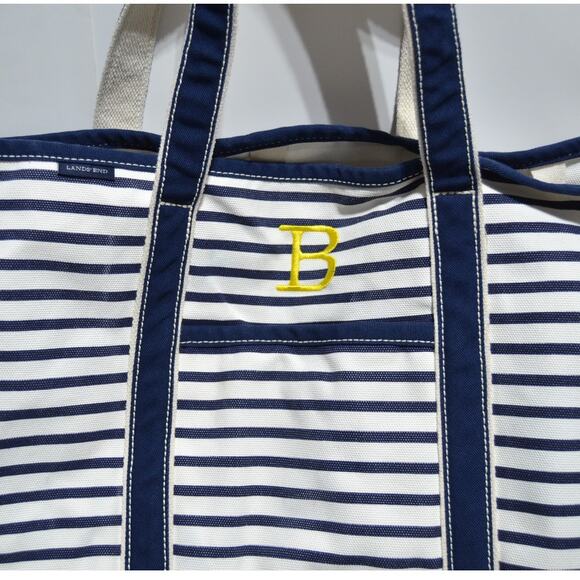 Lands' End XL Canvas Tote Bag Blue & White Striped - Picture 3 of 14